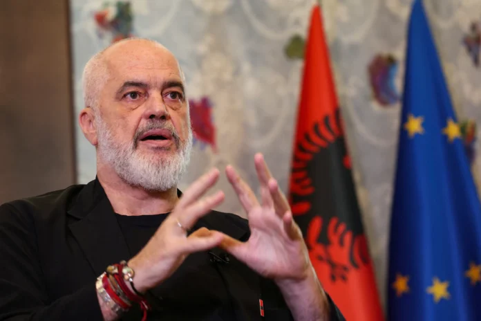 Albanian Prime Minister Edi Rama gestures during an interview with Reuters as Albanians protest against a planned luxury resort backed by a company linked to Jared Kushner, the son-in-law of U.S. President Donald Trump, on an environmentally sensitive part of the Adriatic coast, in Tirana, Albania, June 8, 2026. REUTERS/Florion Goga