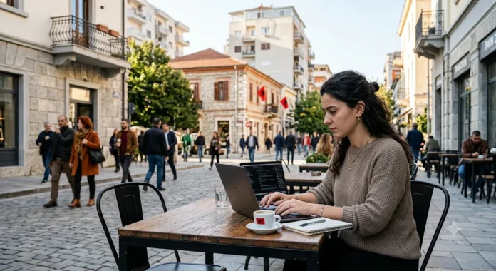 A digital nomad working on a laptop at a modern café overlooking Skanderbeg Square in Tirana, Albania.