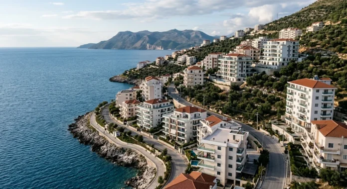 Modern architectural residential buildings along the Albanian coastal riviera with blue sea in the background.